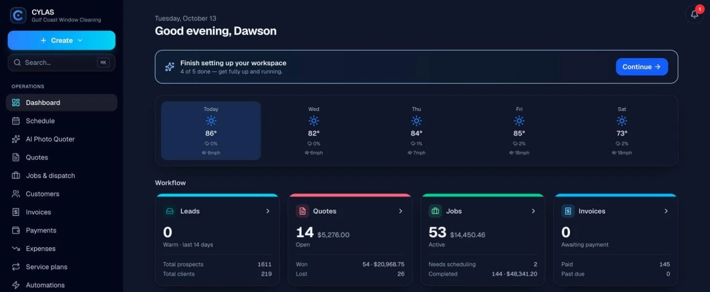 Cylas dashboard with weather forecasts and connected leads, quotes, jobs, and invoices