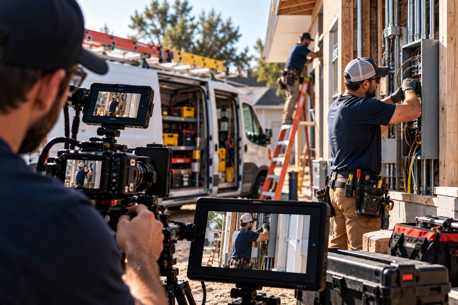 Behind-the-scenes content shoot with a camera operator filming electricians at a job site
