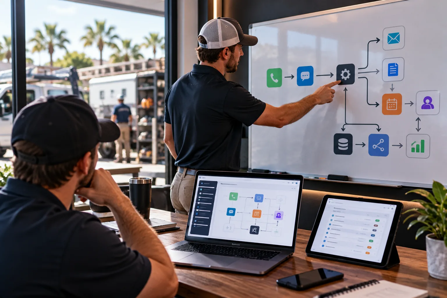 Team mapping a service-business automation workflow on a whiteboard
