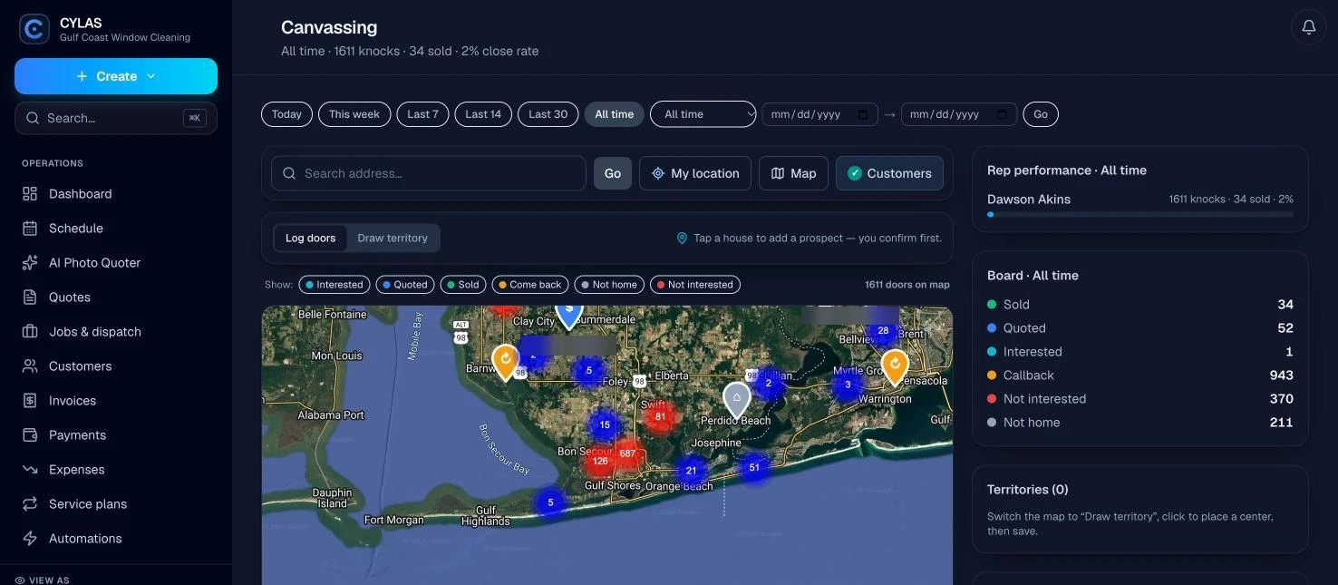Cylas door-to-door canvassing map with prospect statuses and territory tools