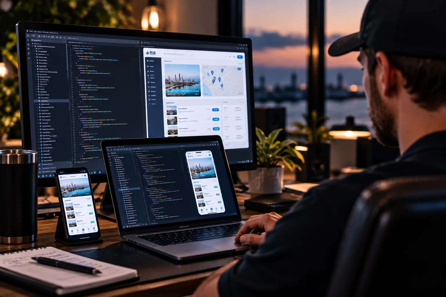 Developer workspace with software running on a monitor, laptop, and phone