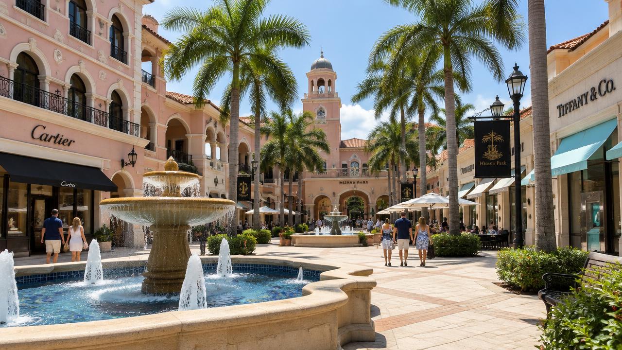 Mediterranean-style plaza with fountains and palms in Boca Raton, Florida