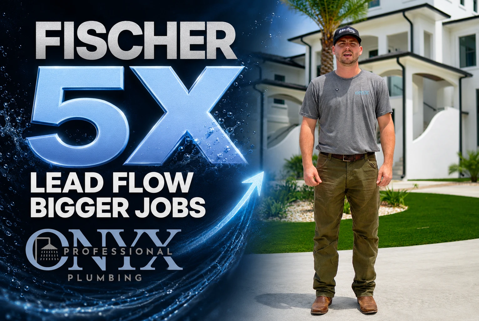 Fischer of Onyx Professional Plumbing in front of a Gulf Shores home