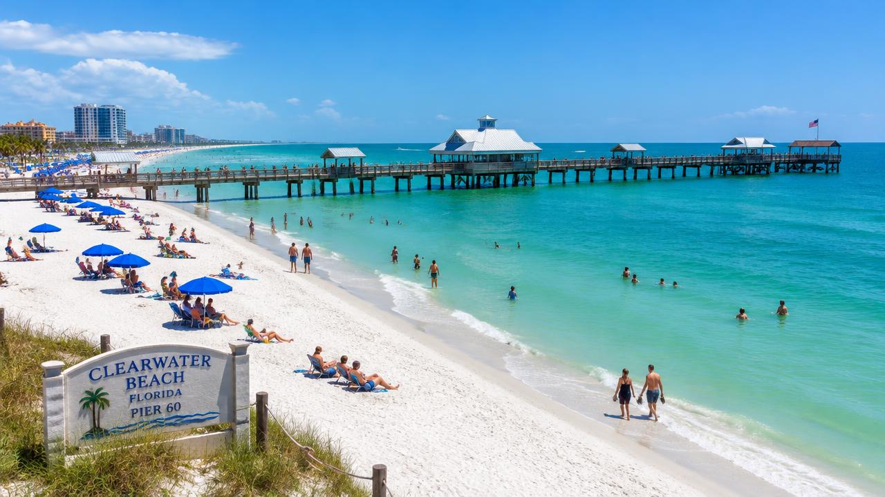 Clearwater Beach white sand and Pier 60 on the Gulf of Mexico
