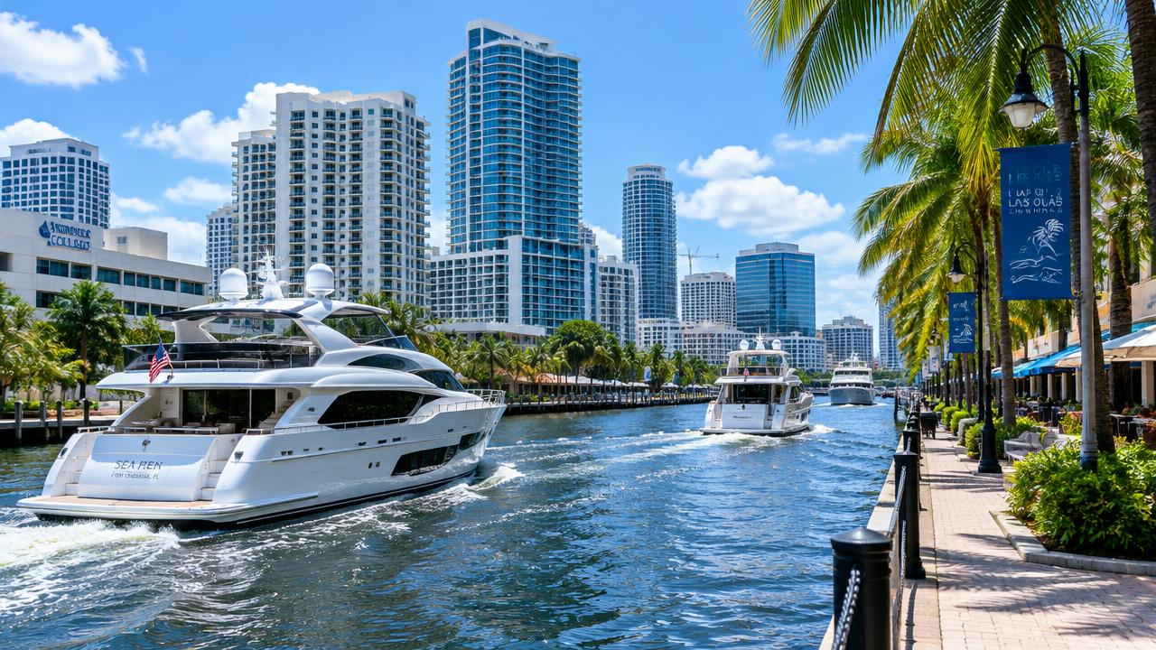 Yachts cruising the New River past downtown Fort Lauderdale high-rises