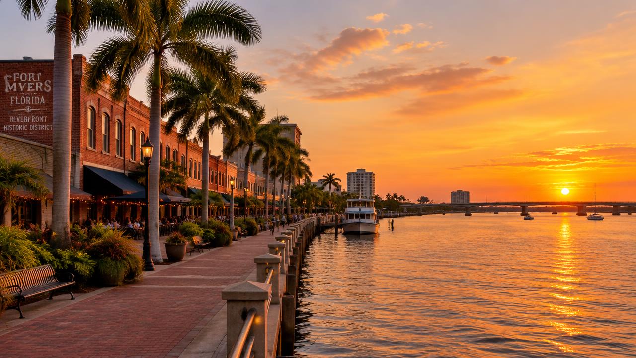 Fort Myers riverfront historic district with royal palms at sunset