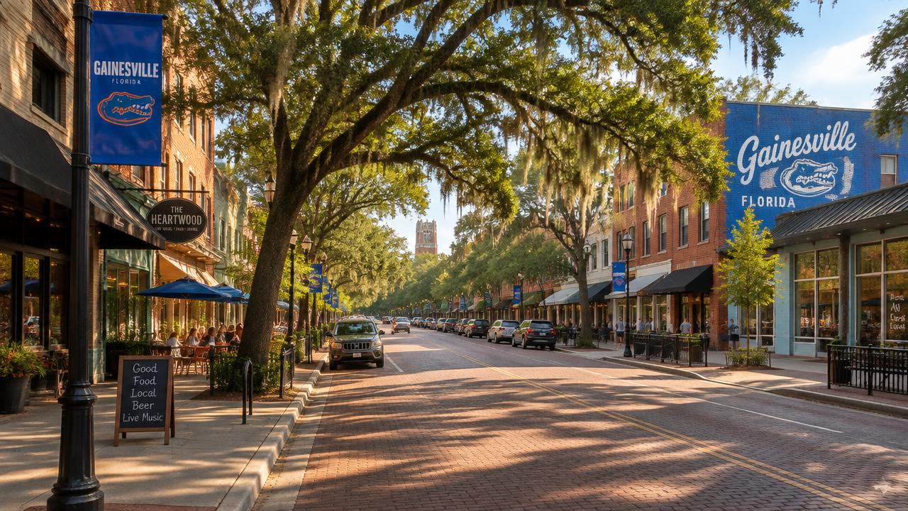 Brick downtown street lined with oaks and local storefronts in Gainesville, Florida