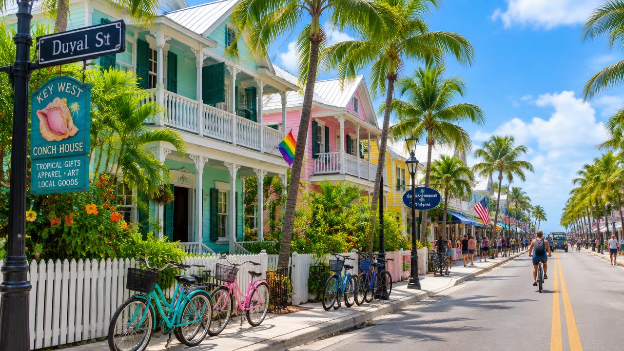 Colorful conch houses, palms, and bicycles on Duval Street in Key West, Florida