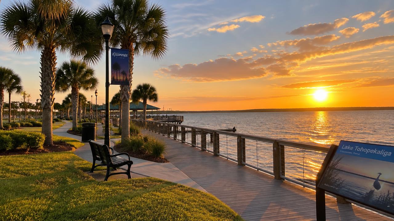 Lakefront boardwalk and palm trees on Lake Tohopekaliga in Kissimmee, Florida