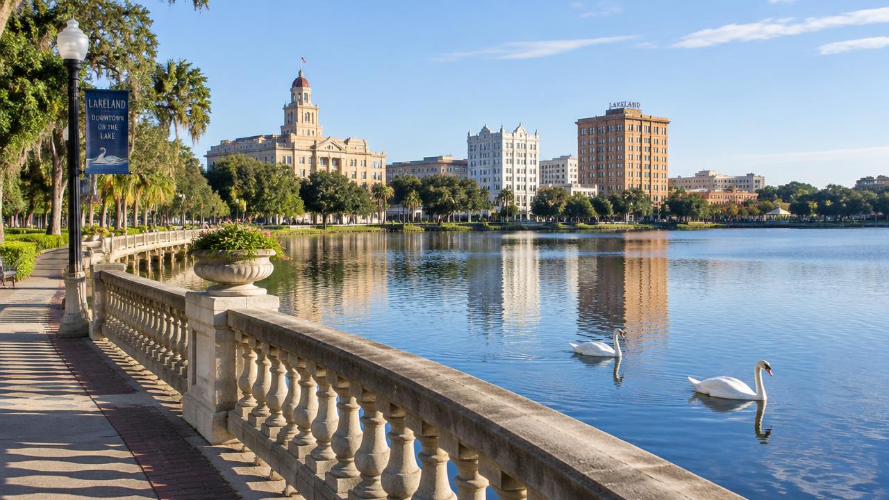 Lake Mirror promenade with swans and historic buildings in downtown Lakeland, Florida