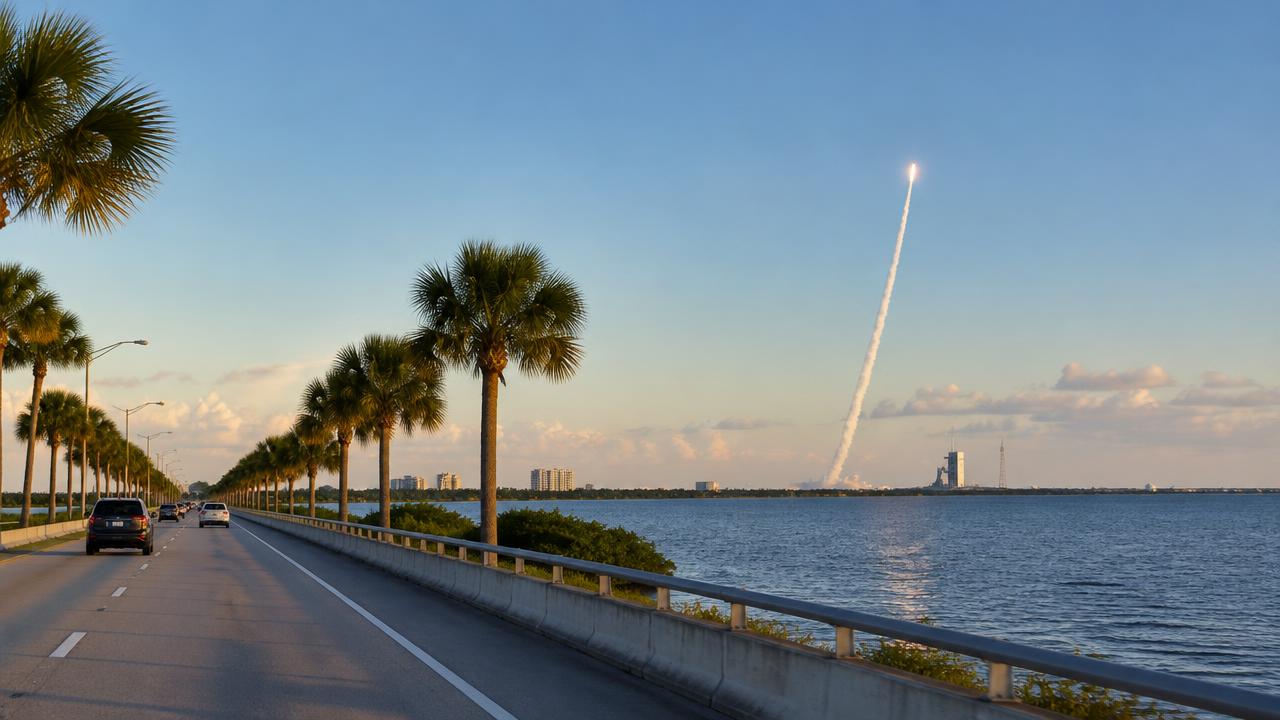 Palm-lined Indian River causeway with a rocket launch in the distance near Melbourne, Florida