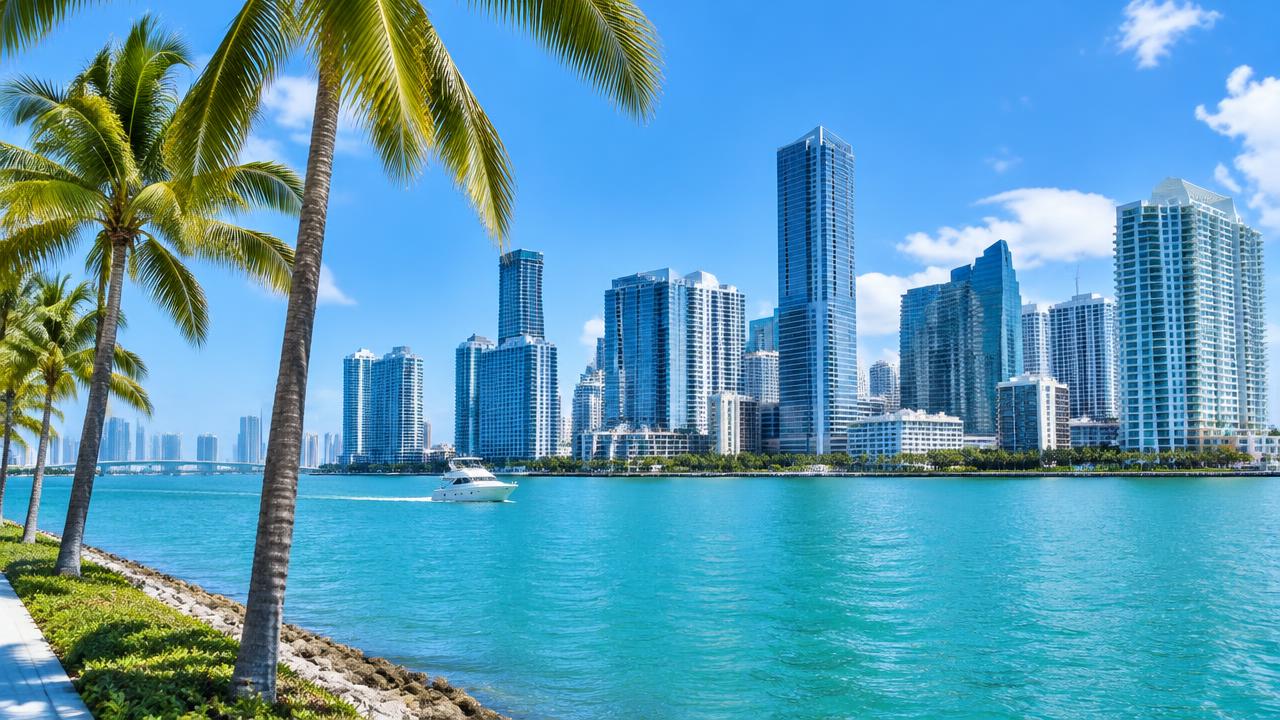 Brickell skyline across turquoise Biscayne Bay in Miami, Florida