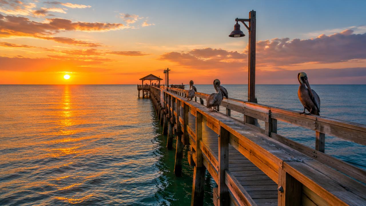 Pelicans on a wooden pier at sunset in Naples, Florida