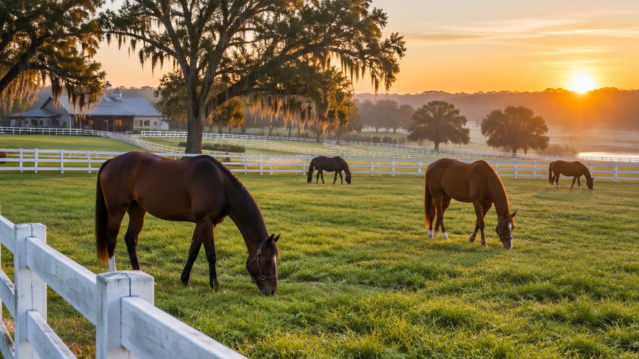 Thoroughbred horses grazing behind white fences on an Ocala, Florida horse farm
