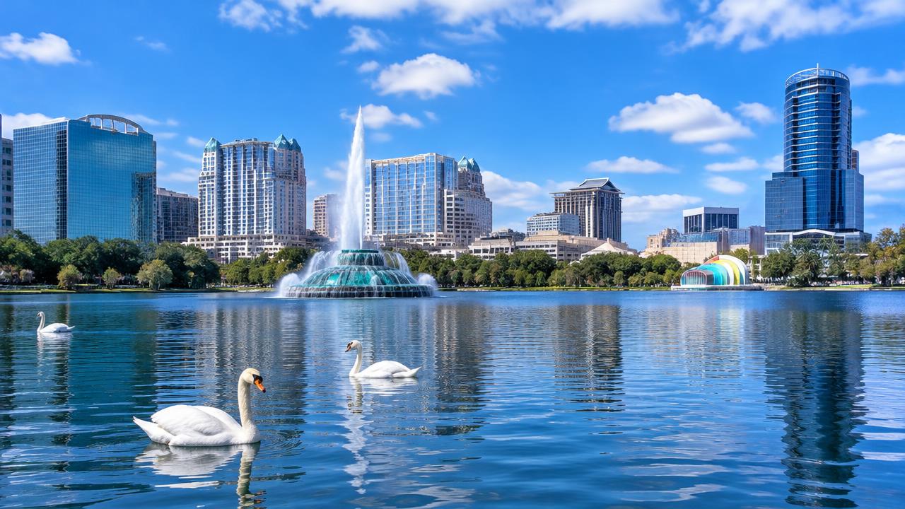 Lake Eola fountain and swans in front of the downtown Orlando skyline