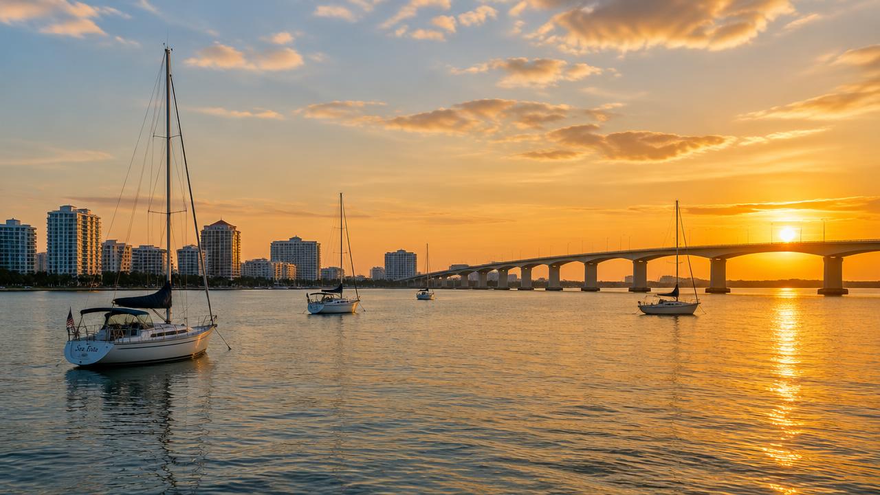 Sailboats on Sarasota Bay with the Ringling Bridge at golden hour