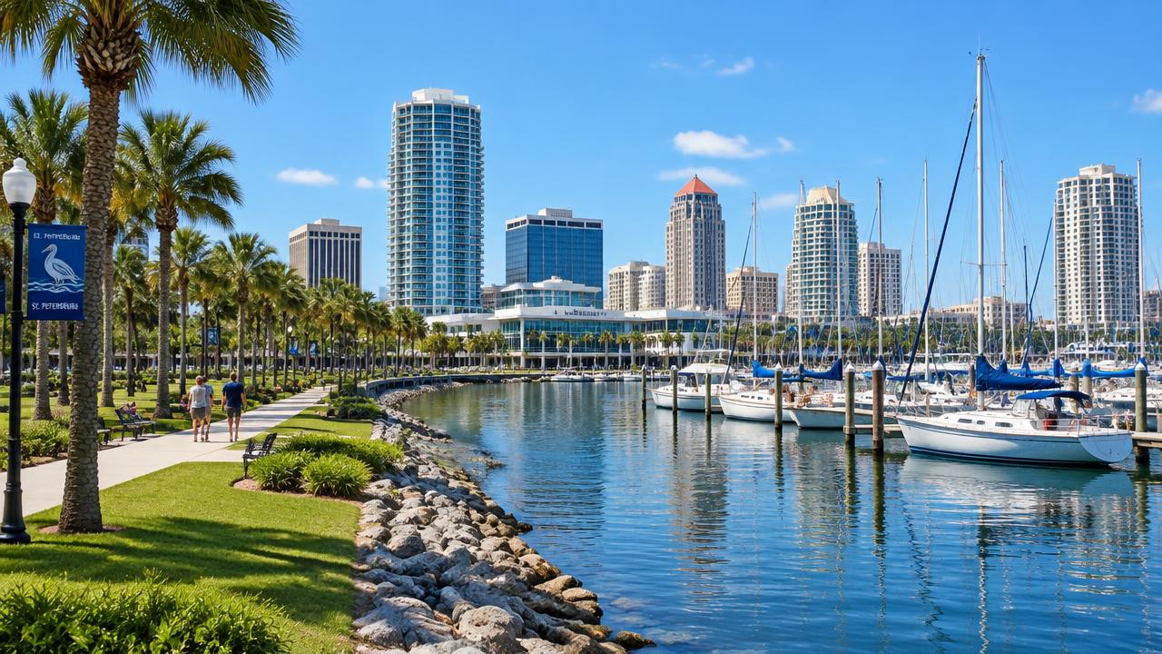 St. Petersburg waterfront marina with sailboats and palm-lined park