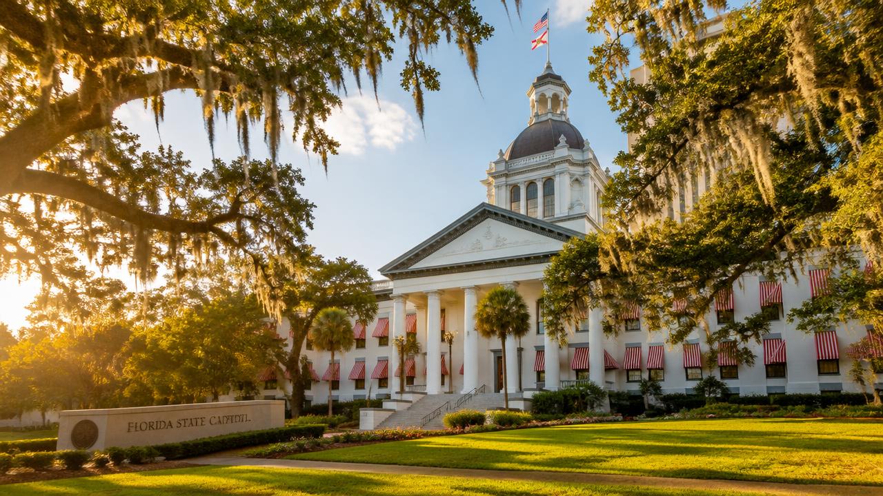 The Florida State Capitol framed by live oaks and Spanish moss in Tallahassee