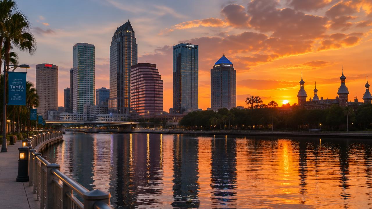 Tampa skyline and Riverwalk along the Hillsborough River at sunset