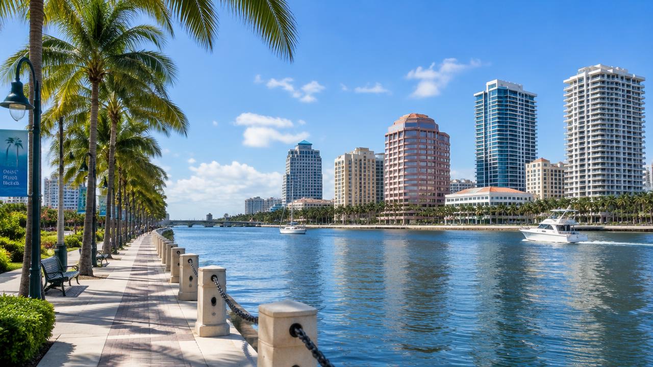 Palm-lined Intracoastal promenade and downtown towers in West Palm Beach, Florida